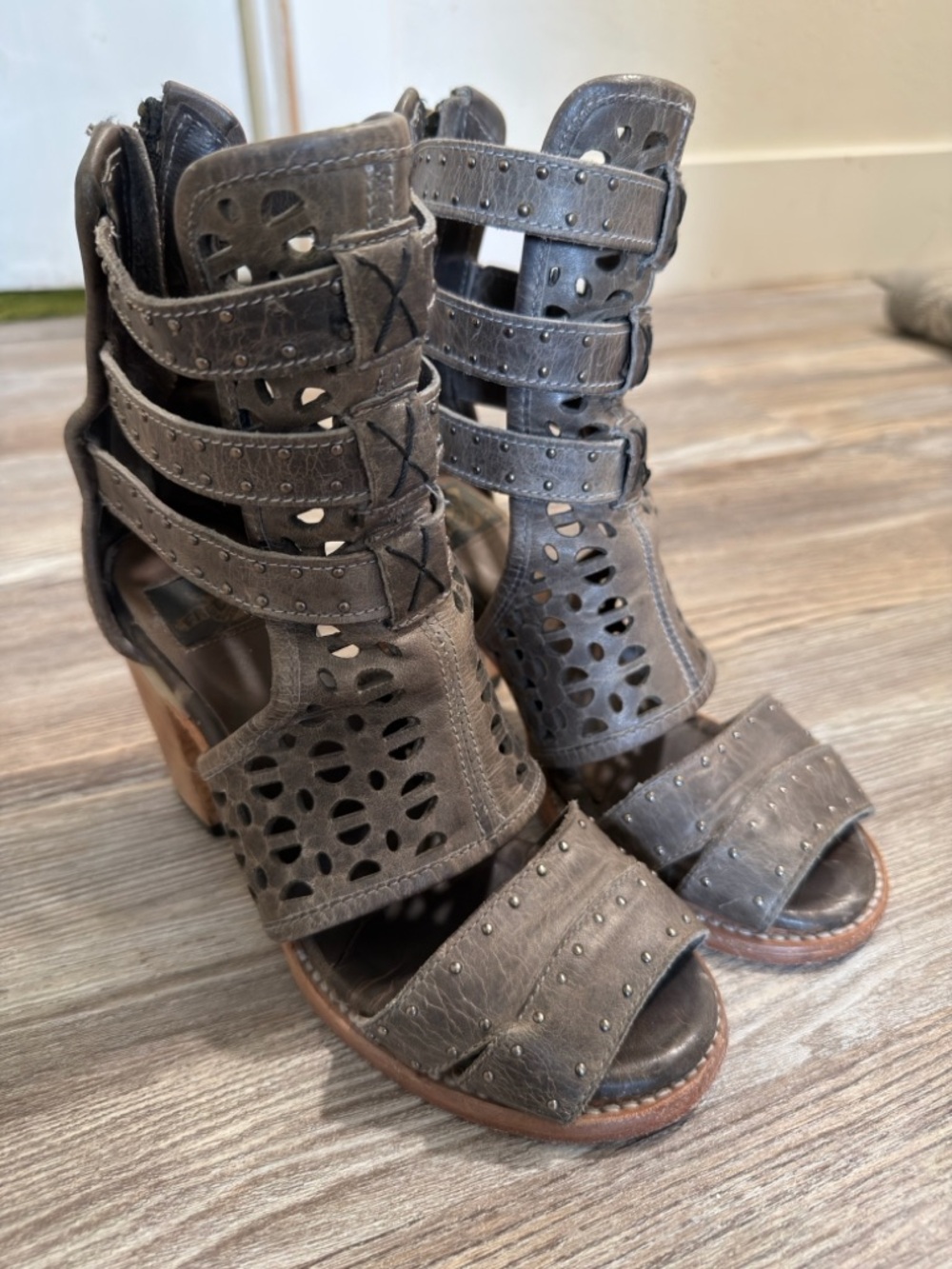 freebird Taupe Cutout Strappy Block Heel Sandals